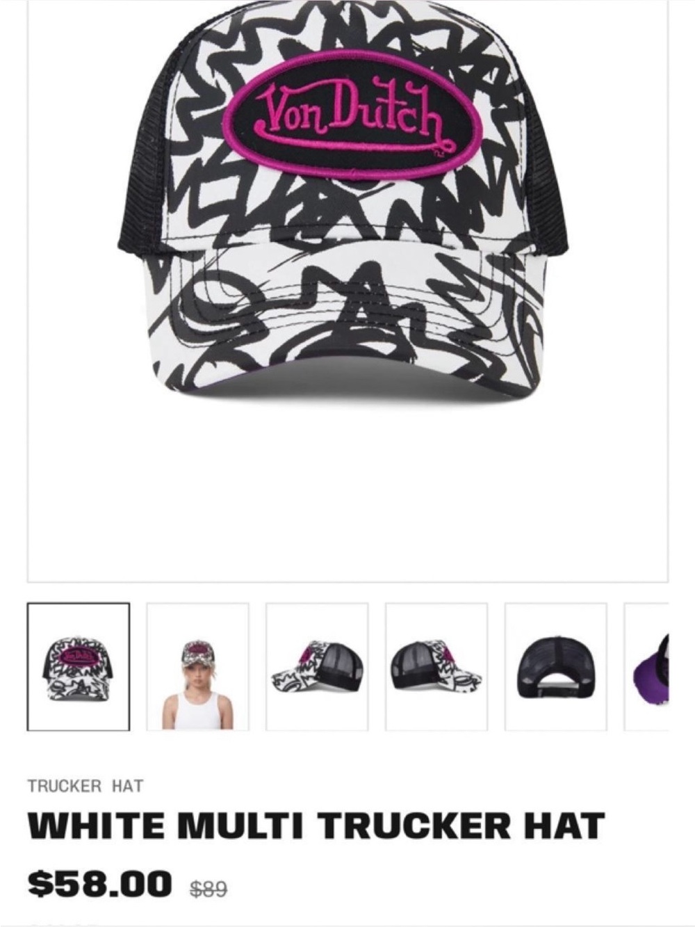 Von Dutch trucker hat with bold black and white graffiti print. NWT.